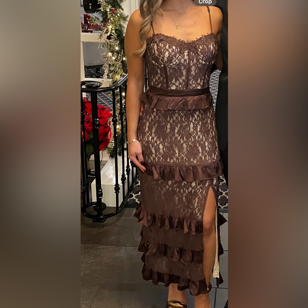 Elegant Brown Lace Dress with Ruffle Details